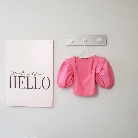 NWOT Zara pink cotton ribbed puff balloon ruffle statement sleeve crop top, M - Picture 6 of 9